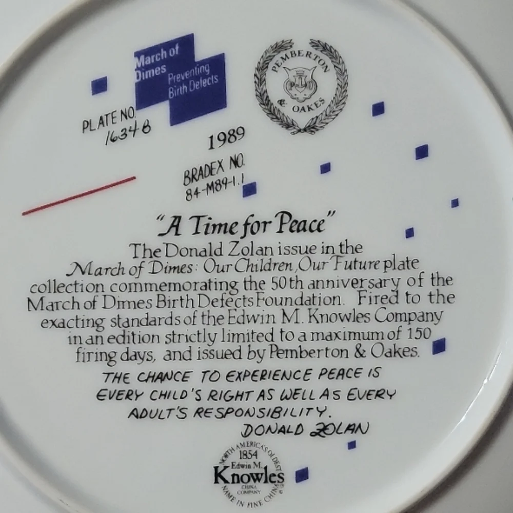 Vtg 89 Donald Zolan A Time Peace March Dimes 50th Anniversary Birth Defect Plate